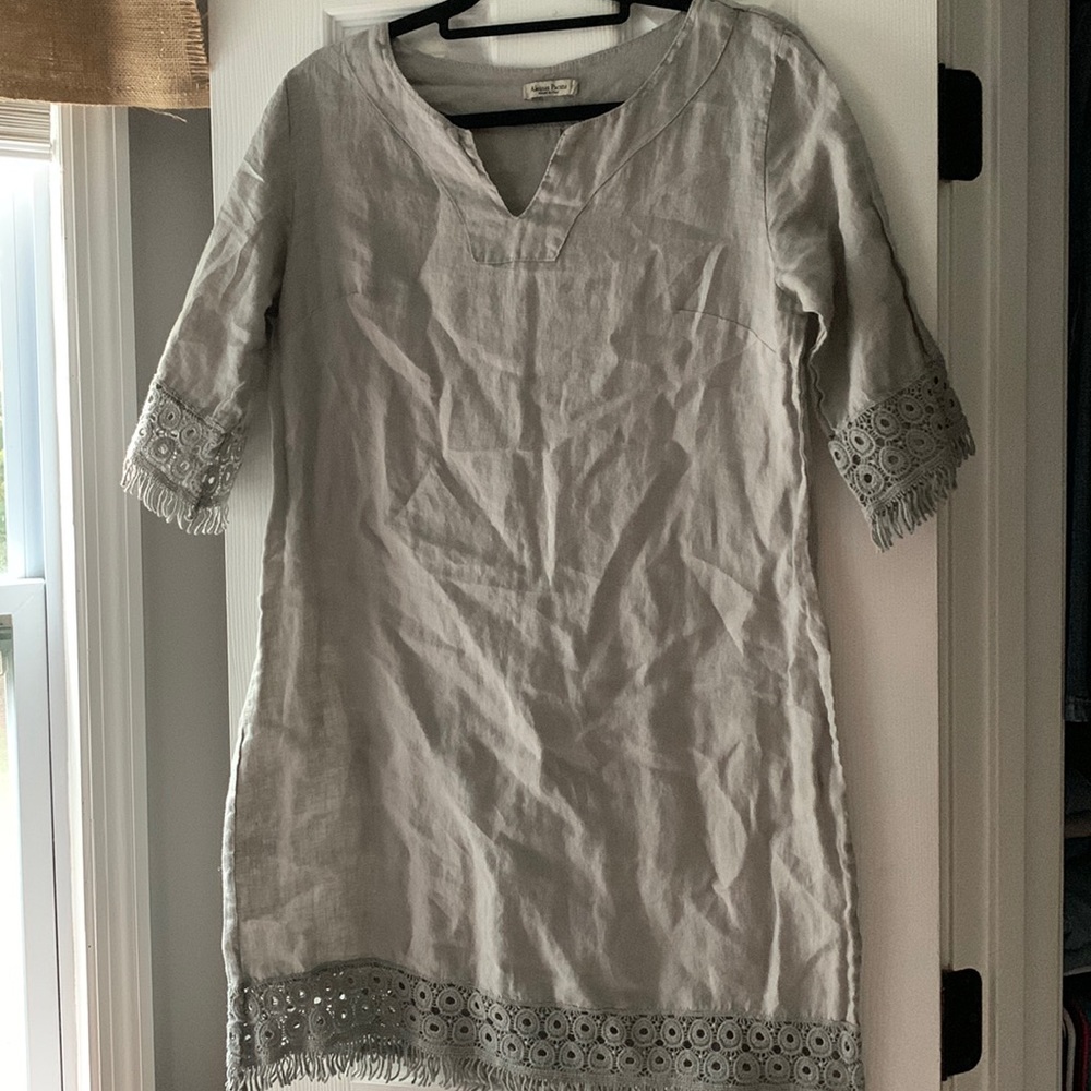Light Gray Linen Midi Dress with Crochet Fringe Trim